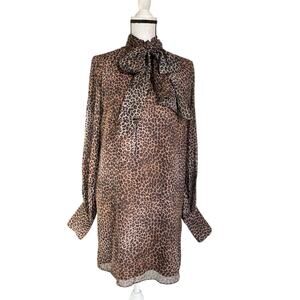 NWT Frame Tie Neck Silk Mini Dress Sz S Leopard Animal Print Long Cuff Sleeves